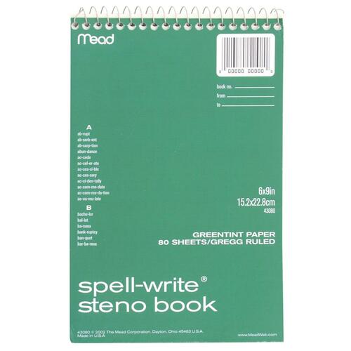 Steno Book, Gregg Ruled, 6"x9", 80Sh, Green Paper