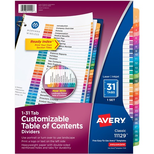 Index Dividers,T/Contents,1-31 Tab,3HP,8-1/2"x11",1/ST,Multi