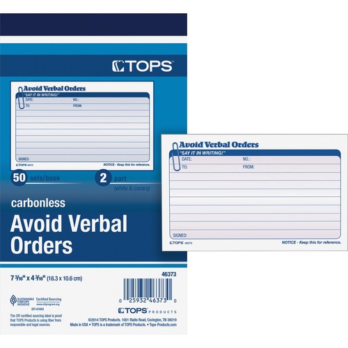 Verbal Orders Book,Carbonless,2-Part,4-1/4"x7",50 Sets/BK