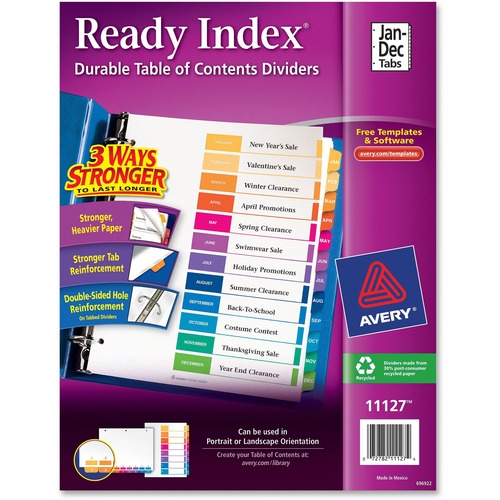 Index Dividers,T/Contents,12-Tab, Jan-Dec,3HP,8-1/2"x11",MI